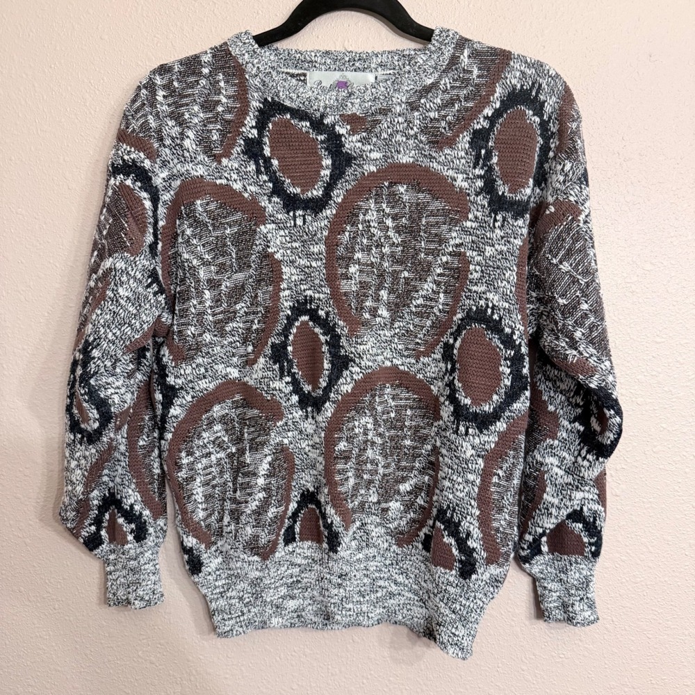 Purple Crest Vintage 90s Abstract Geometric Knit Sweater Brown Black Mens Medium
